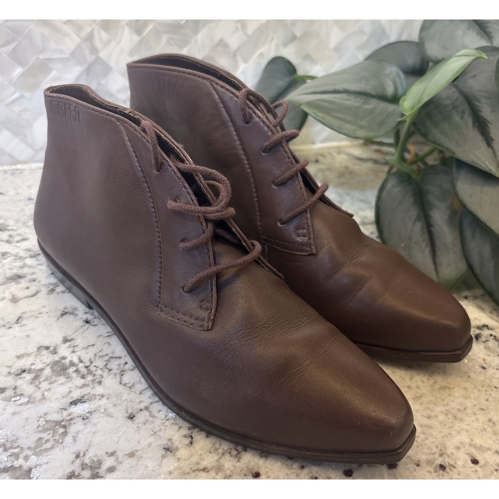 90s VTG Esprit Women Brown Leather Lace Granny Ankle Boots Block‎ Heel 5 1/2B
